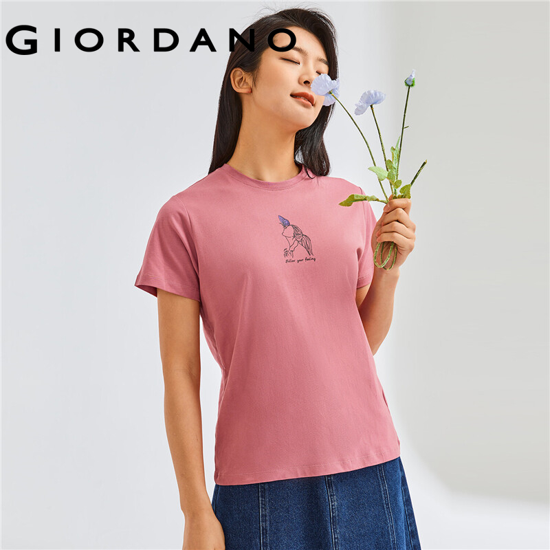 Giordano Women T-Shirts Printed Graphic Smooth T-Shirts Comfy Ribbed Crewneck Short Sleeves Casual Tops Free Shipping 05390220