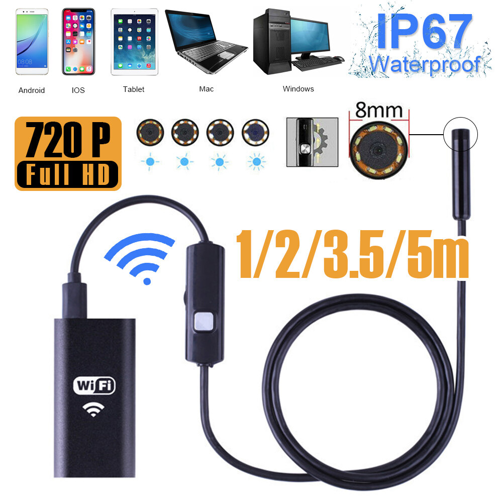 Shoping world Wireless Endoscope IP67 Waterproof 8LEDs WiFi Borescope 2MP 720P Snake Camera for Android and iOS Smartphone, iPhone, Samsung