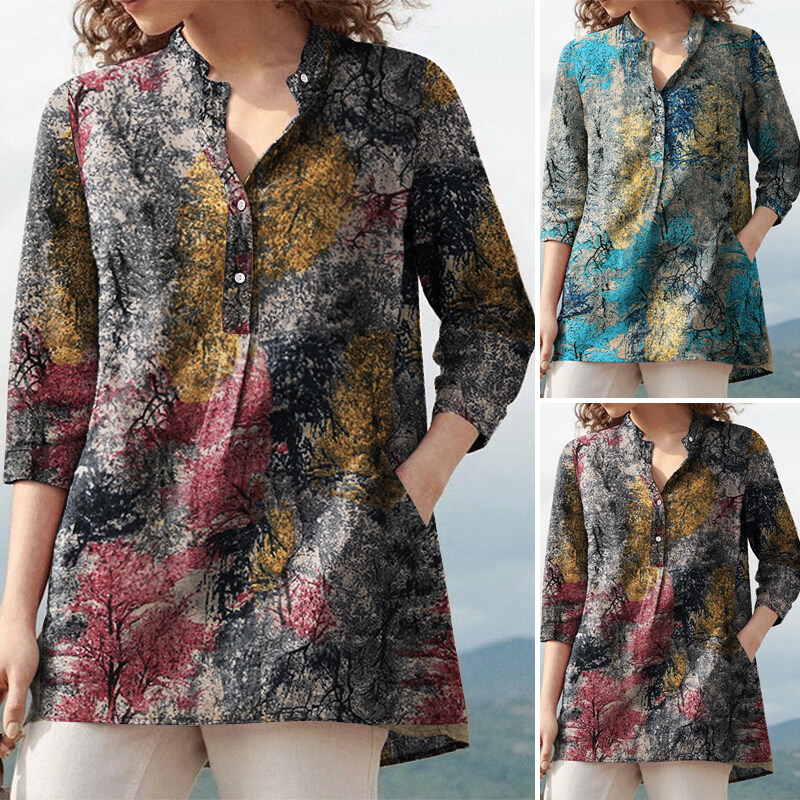 Rulfepy ZANZEA Womens 3/4 Sleeve V Neck Button Up Tops Vintage Floral Printed Shirts Blouse
