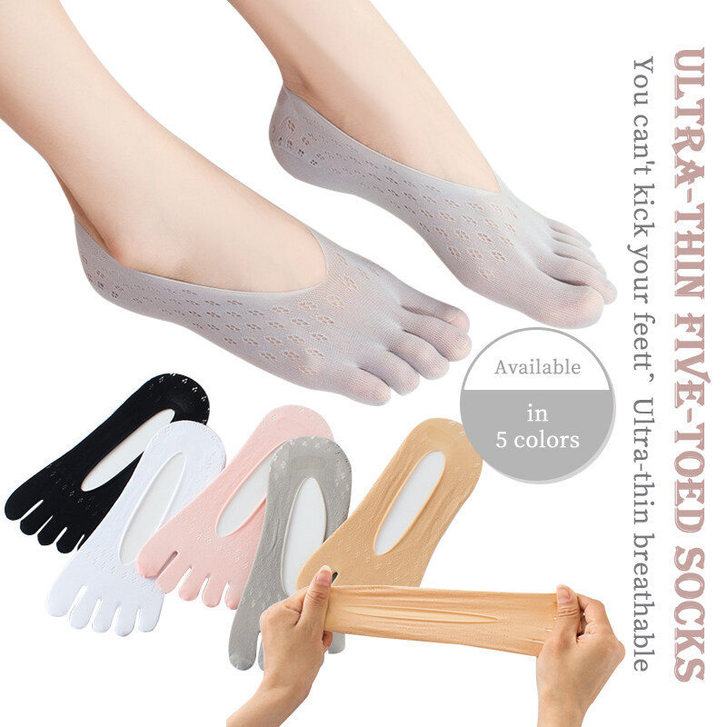 5 Pairs Summer Five Finger Socks Women's Silk Thin Yoga Sock Woman Solid color Velvet Mesh Shallow Mouth Boat Socks Ladies Anti-dropping Running Invisible Five Toes Socks