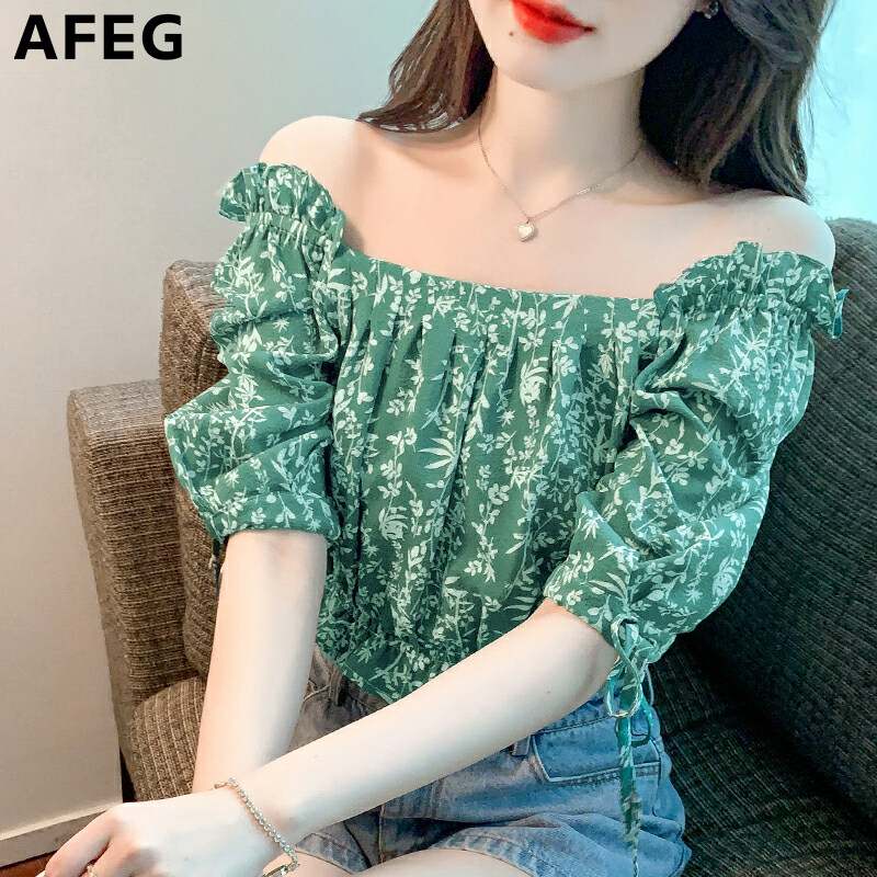 AFEG's new Korean version of the word-neck short, fashionable and thin, all-match floral chiffon puff sleeve blouse for women
