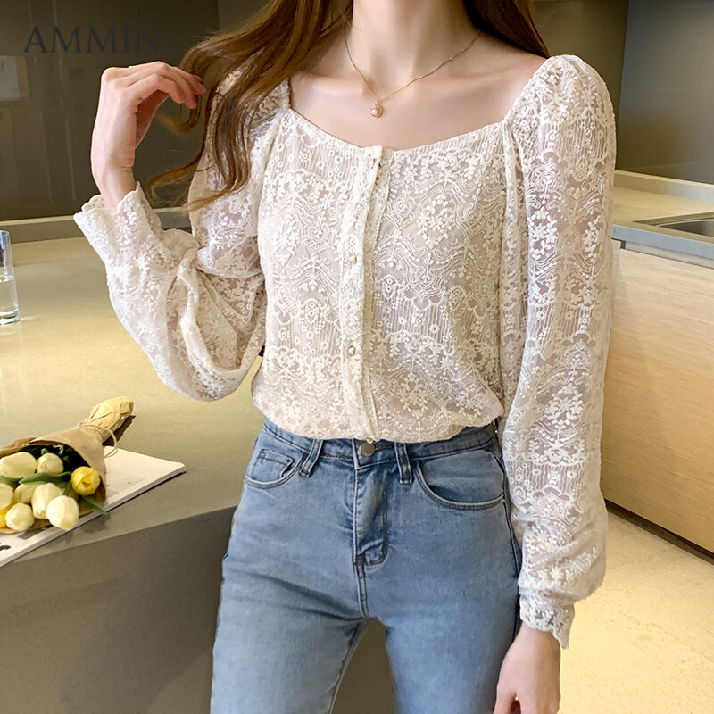 AMMIN new Korean wild crocheted long-sleeved lace shirt For Women Fashion Square Neck Slim Top Lady Embroidered Blouse