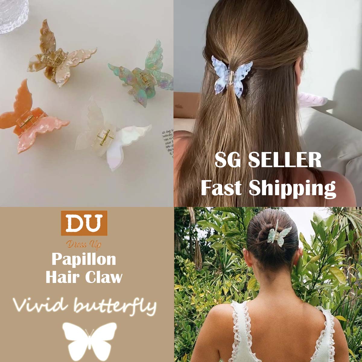 [SG| Vivid Butterfly] Medium Papillon Hair Claw Clip for Half Up-do, French Design Acetate Hair Barrettes
