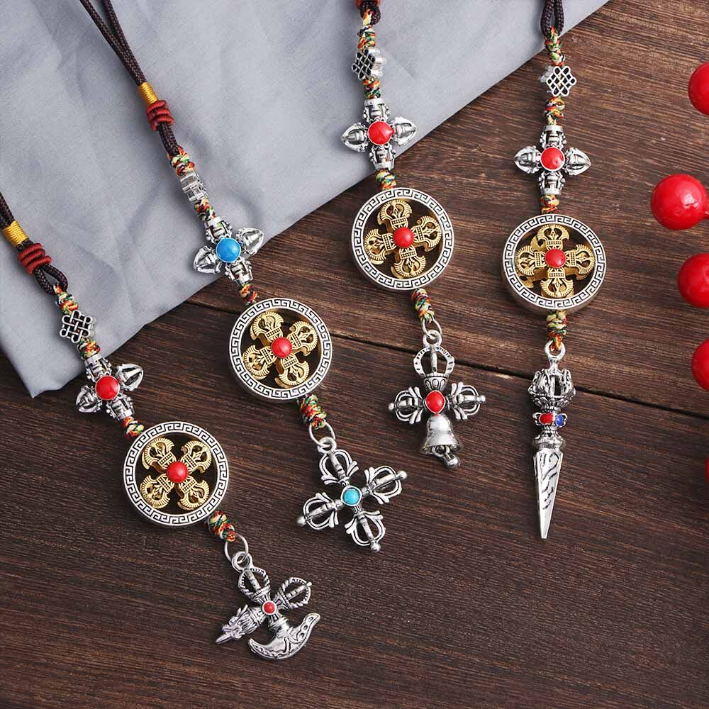 BIRONG Vintage Couple Gifts Braied Rope Dispelling Evil Car Key Chain DIY Ornaments Keyring Pendant Mobile Phone Lanyard Cross Vajra Pestle Tag Pentant Car Pendant Tibetan Tantric Auspicious Knot Cros