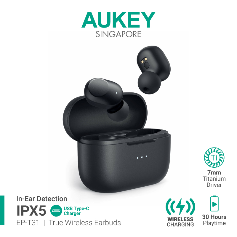 AUKEY EP-T31 True Wireless Earbuds 7mm Titanium Drivers, Low Latency, IPX5, 30H Playtime, Wireless Charging