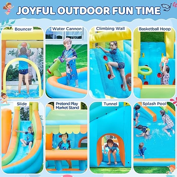 Yaheetech Inflatable Bounce House, Water Bouncer Castle for Kids Aged 3-10 W/Splash Pool, Toy Market Stand, Bouncer Area, Slide, Climbing Wall, Storage Bag, 520W Blower for Outdoor Backyard