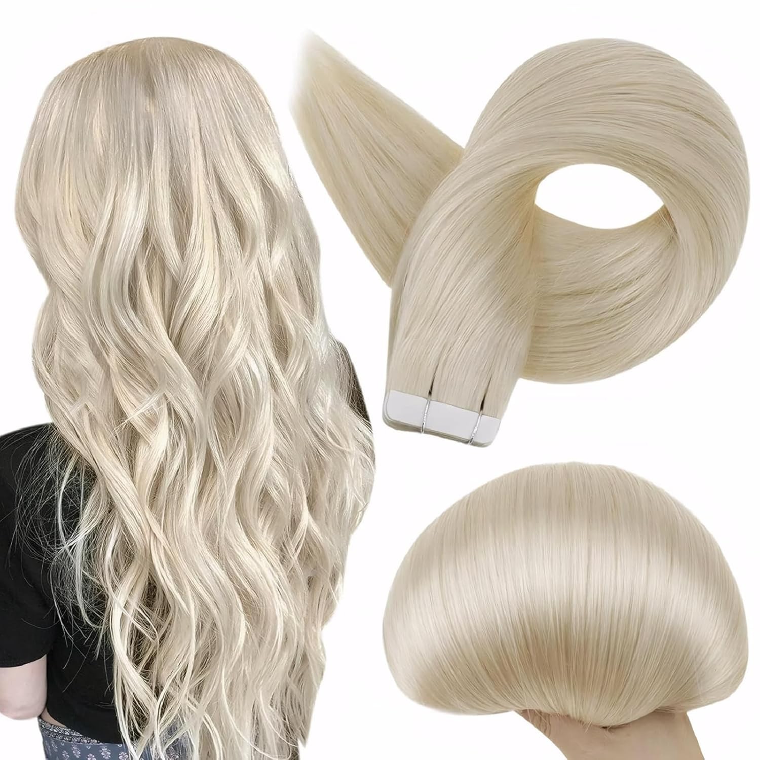 Full Shine Tape in Hair Extensions Brazilian Real Hair Color 60 Platinum Gold Tape Hair Extensions Seamless Skin Wefts 20 Pieces Invisible Real Remy Hair Extensions Double-Sided Tape 50G 22 Inch